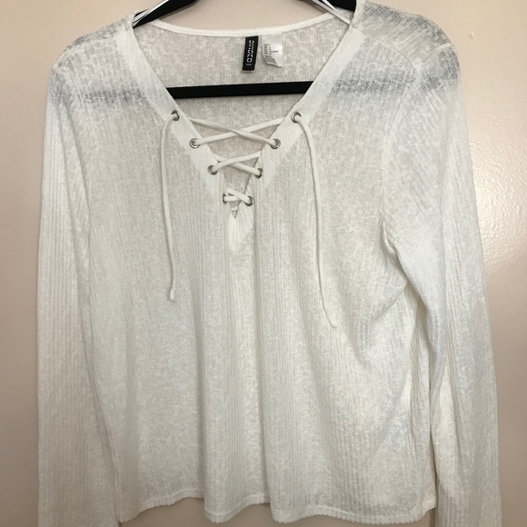 White Long Sleeve Lace up V-Neck Top - Picture 1 of 4